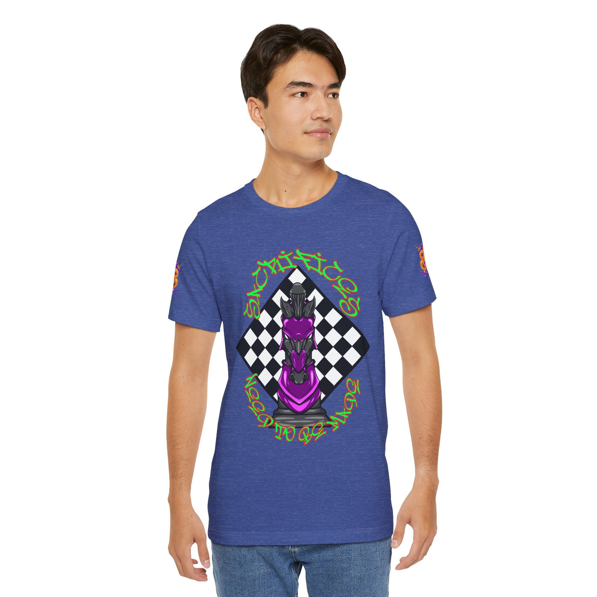 Chess Knight Graphic Tee — Purple Knight on Checkerboard