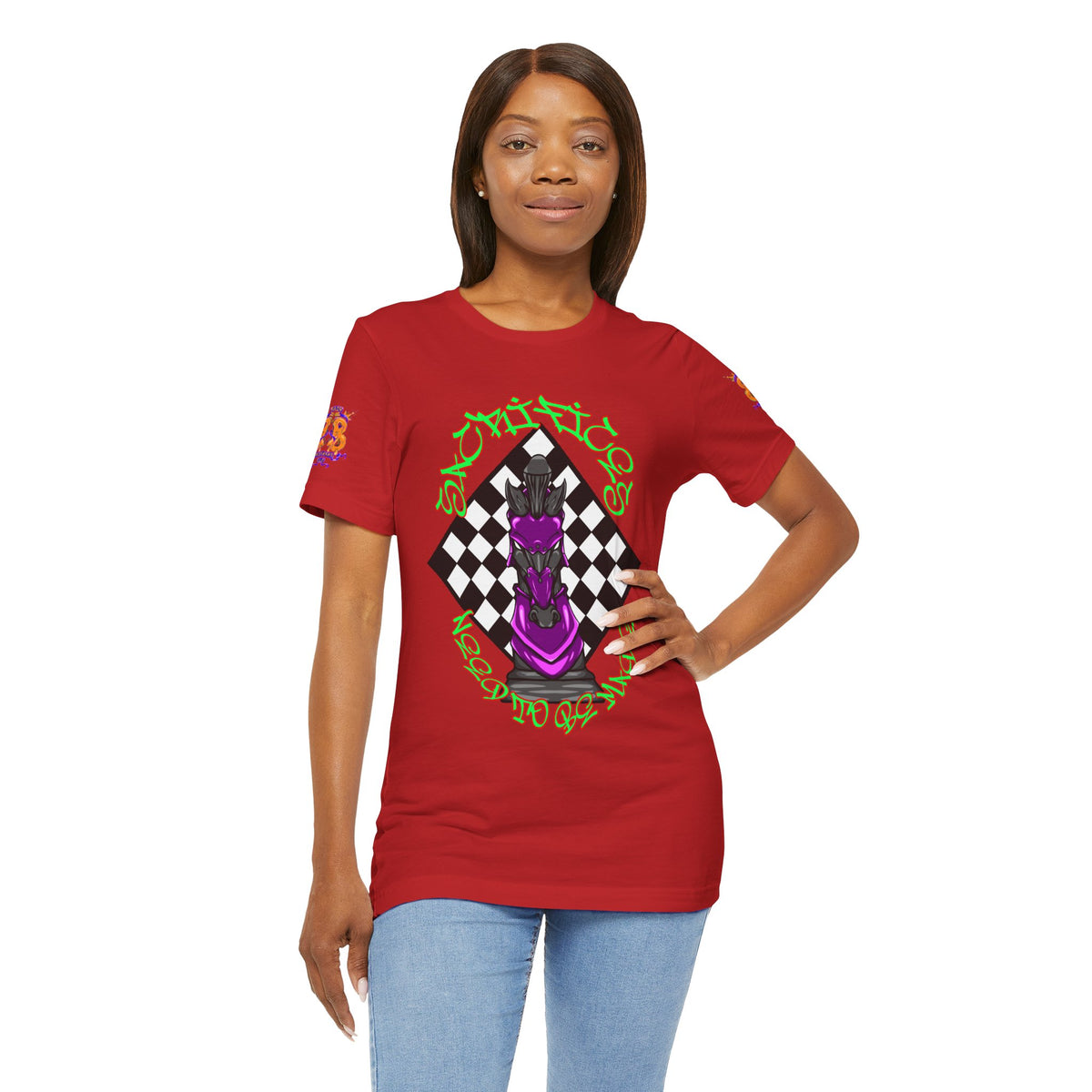 Chess Knight Graphic Tee — Purple Knight on Checkerboard