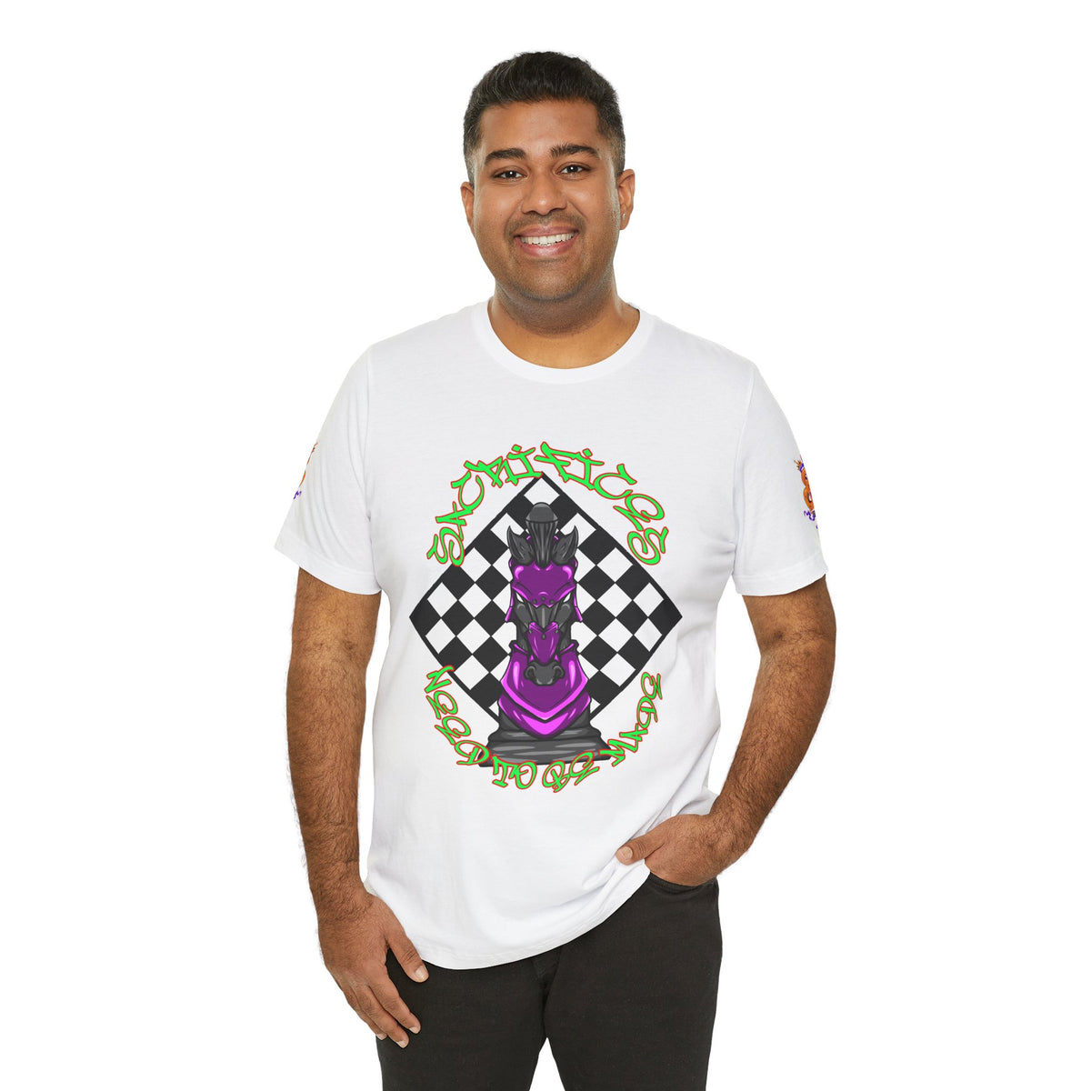 Chess Knight Graphic Tee — Purple Knight on Checkerboard