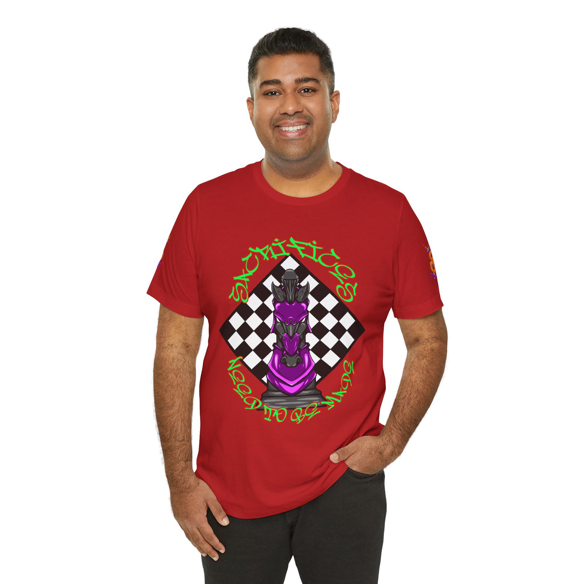 Chess Knight Graphic Tee — Purple Knight on Checkerboard