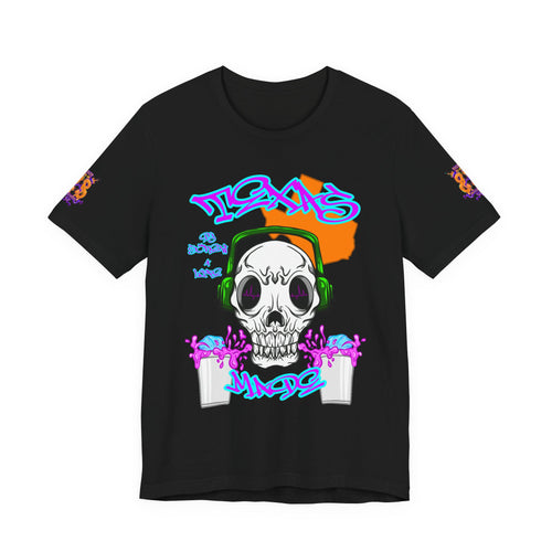 Skull DJ Tee — Streetwear Graphic T‑Shirt with Headphones & Graffiti