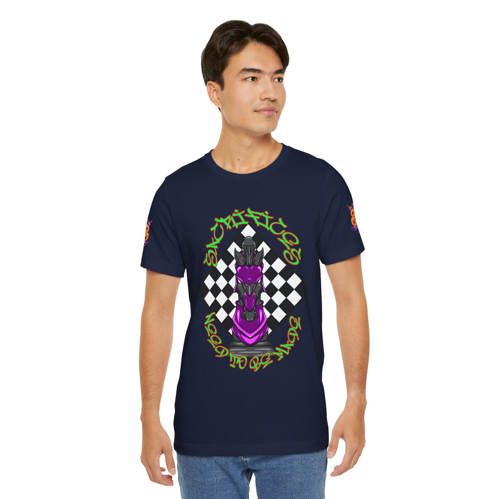 Chess Knight Graphic Tee — Purple Knight on Checkerboard