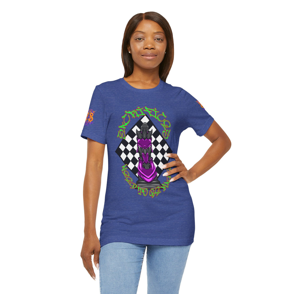 Chess Knight Graphic Tee — Purple Knight on Checkerboard