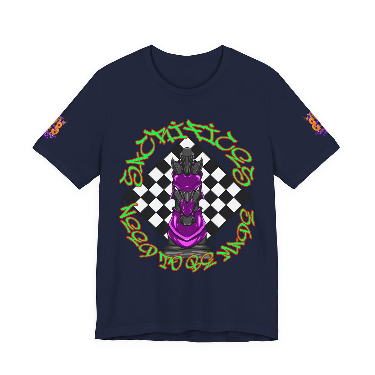 Chess Knight Streetwear Tee — Purple Knight on Checkerboard with Graffiti Script