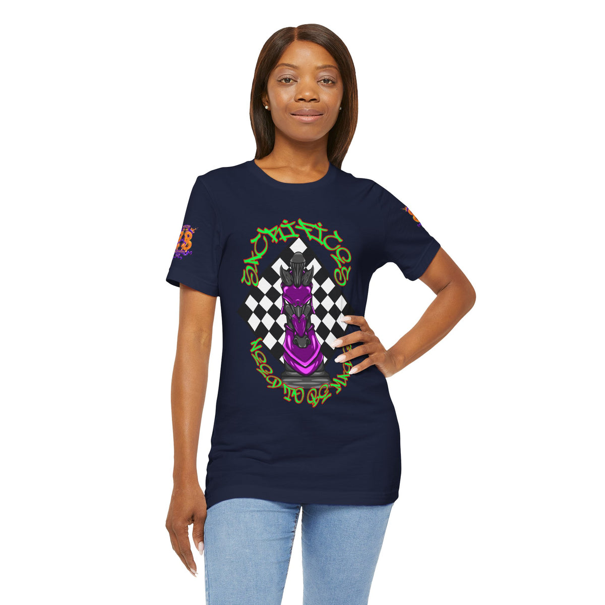 Chess Knight Graphic Tee — Purple Knight on Checkerboard
