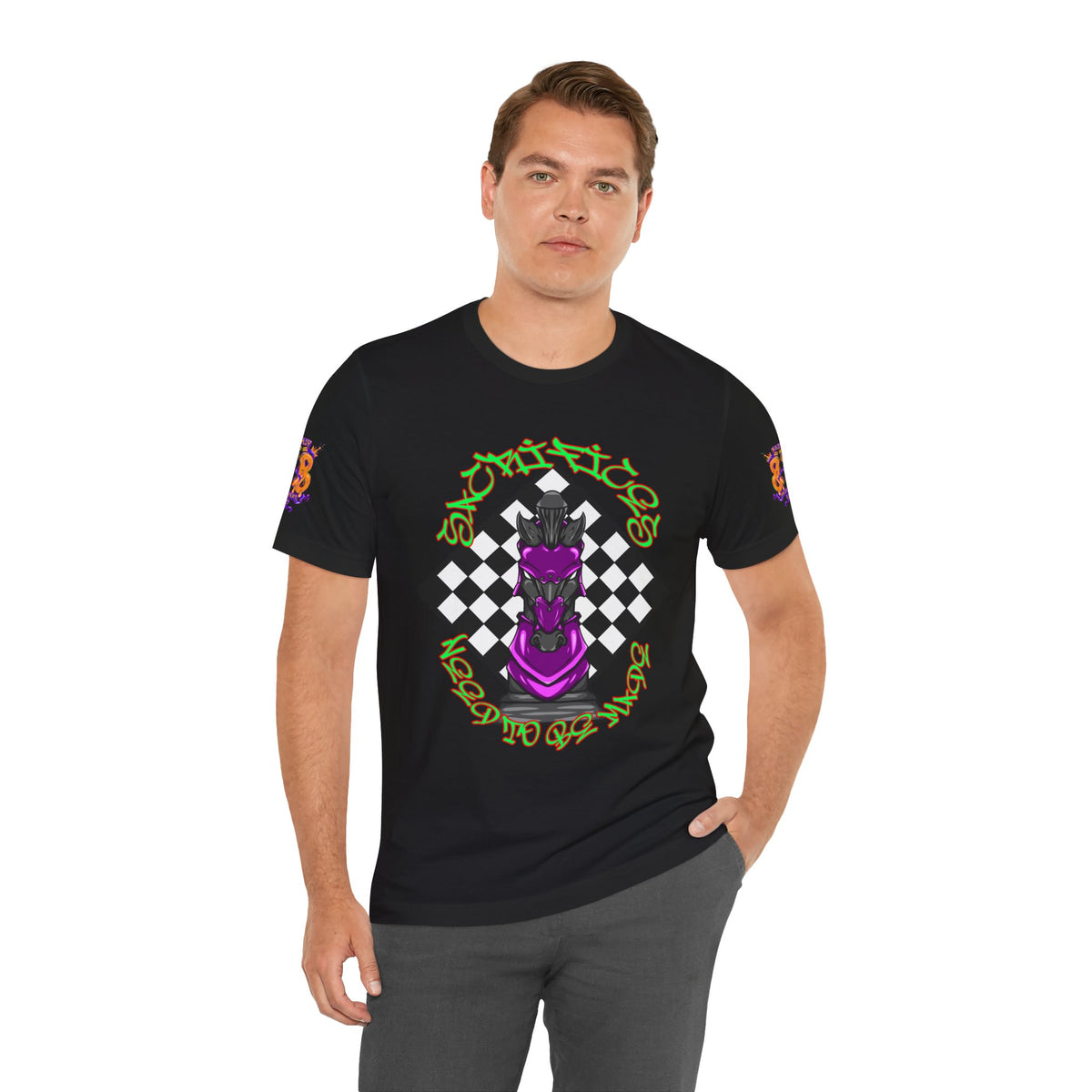 Chess Knight Graphic Tee — Purple Knight on Checkerboard