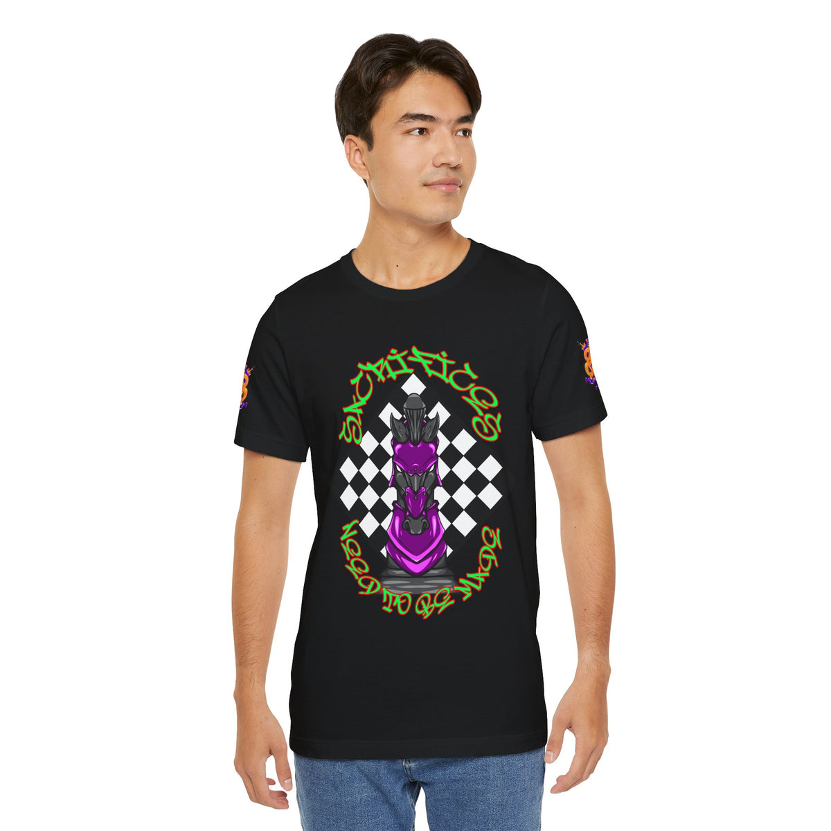 Chess Knight Graphic Tee — Purple Knight on Checkerboard