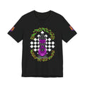 Chess Knight Graphic Tee — Purple Knight on Checkerboard