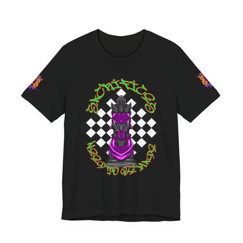 Chess Knight Graphic Tee — Purple Knight on Checkerboard