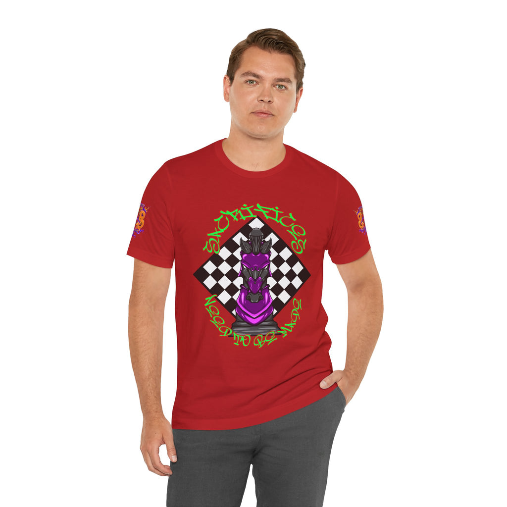 Chess Knight Graphic Tee — Purple Knight on Checkerboard