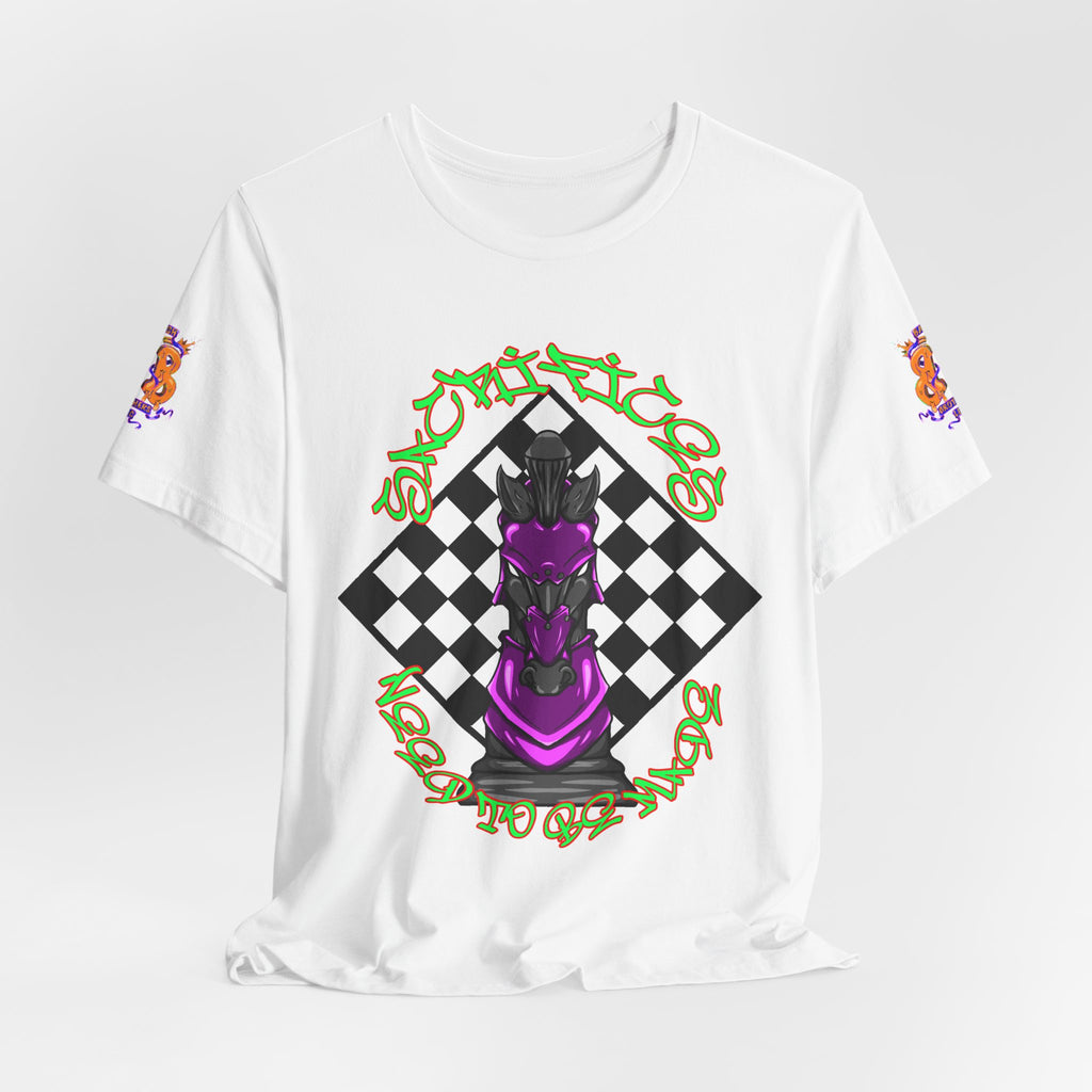 Chess Knight Graphic Tee — Purple Knight on Checkerboard