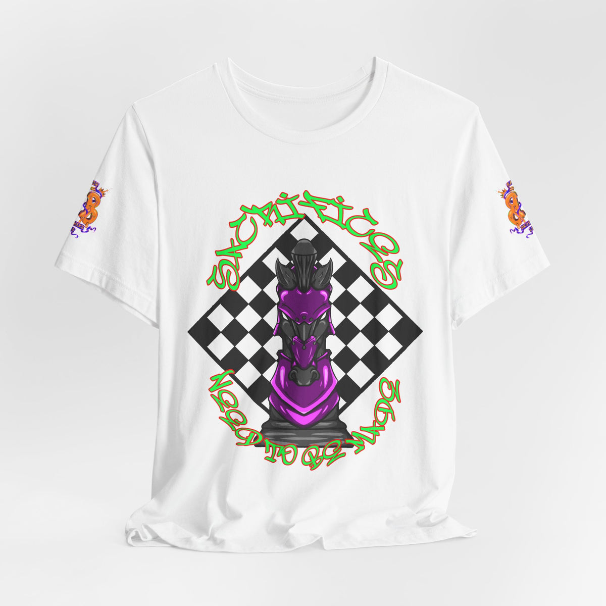 Chess Knight Graphic Tee — Purple Knight on Checkerboard