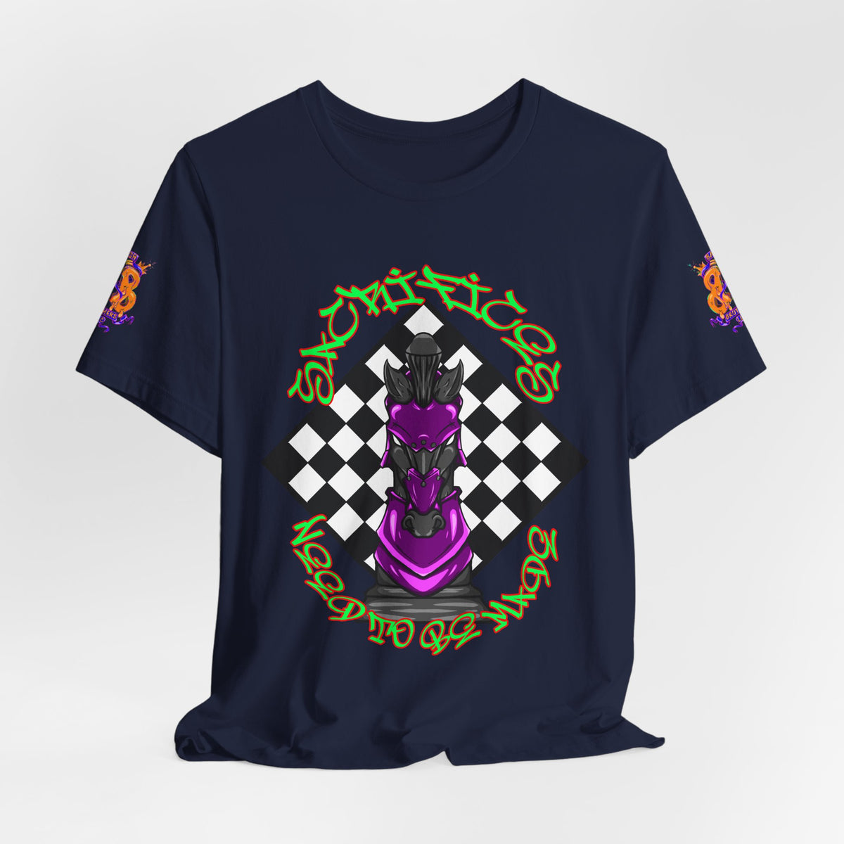 Chess Knight Graphic Tee — Purple Knight on Checkerboard