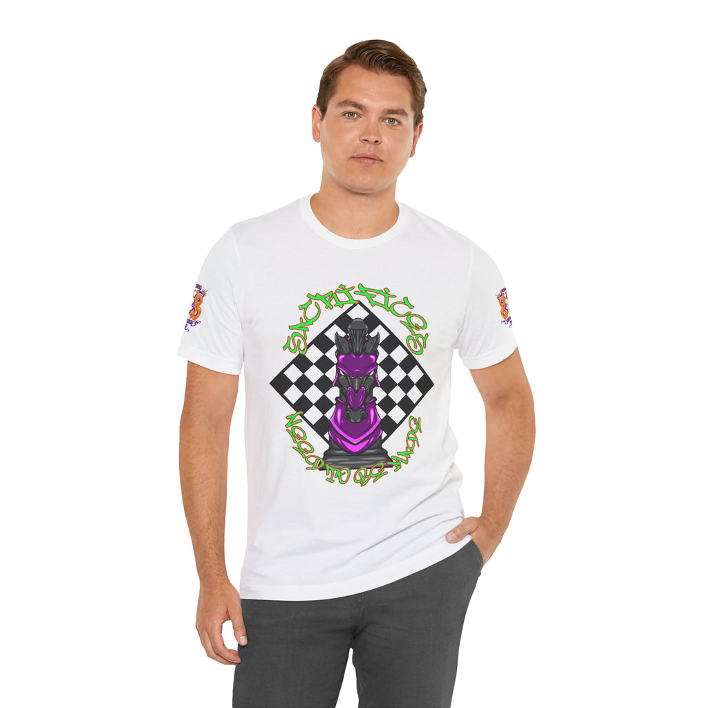 Chess Knight Graphic Tee — Purple Knight on Checkerboard