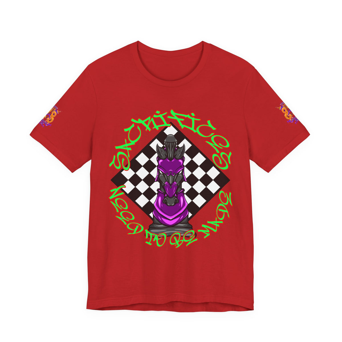 Chess Knight Streetwear Tee — Purple Knight on Checkerboard with Graffiti Script
