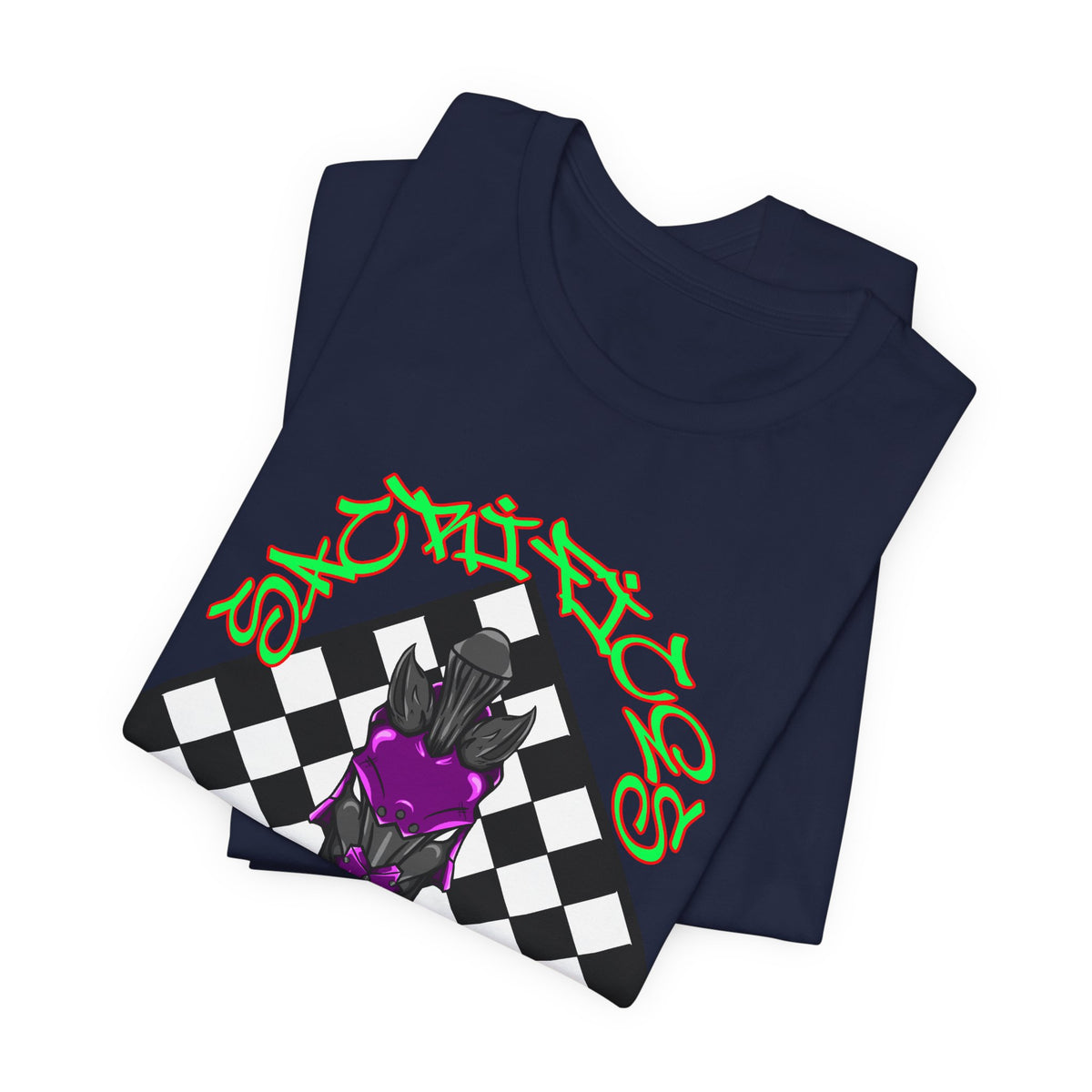 Chess Knight Graphic Tee — Purple Knight on Checkerboard