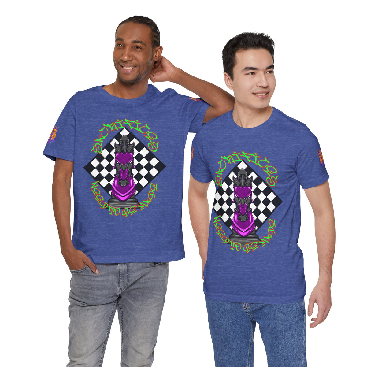 Chess Knight Graphic Tee — Purple Knight on Checkerboard