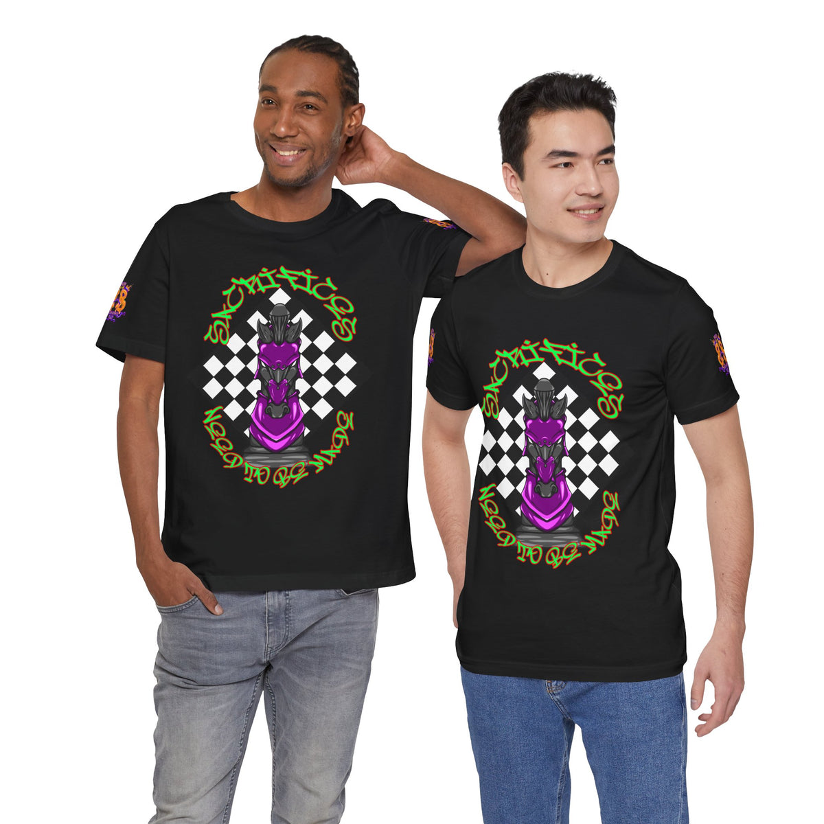 Chess Knight Graphic Tee — Purple Knight on Checkerboard