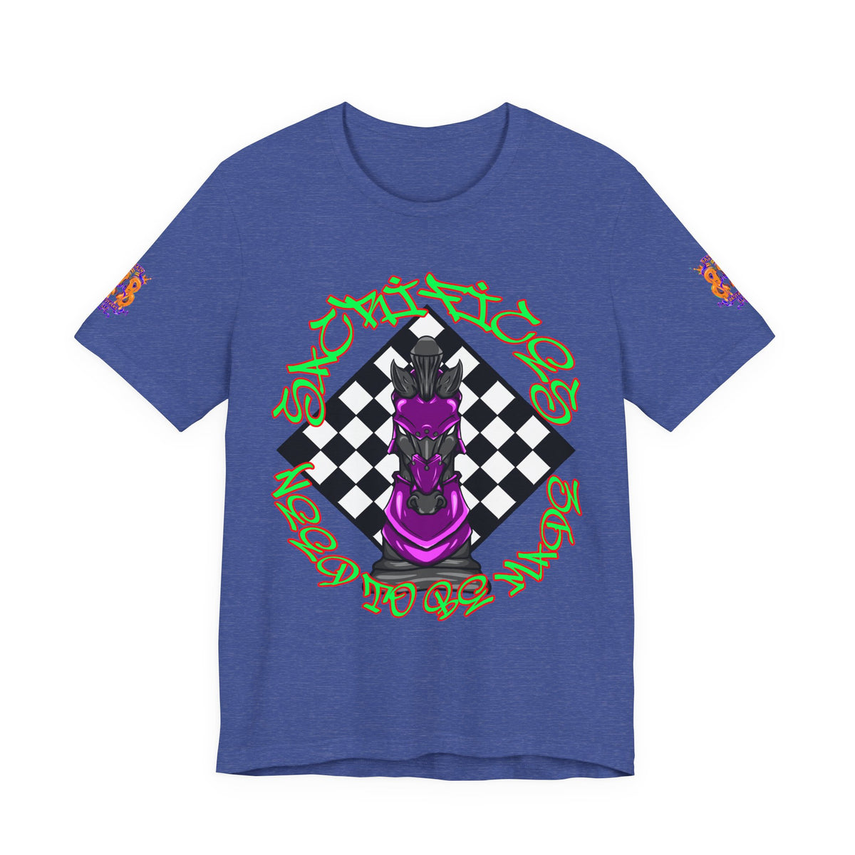 Chess Knight Streetwear Tee — Purple Knight on Checkerboard with Graffiti Script