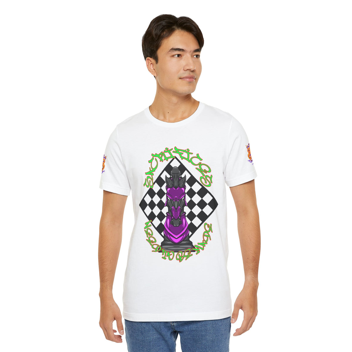 Chess Knight Graphic Tee — Purple Knight on Checkerboard