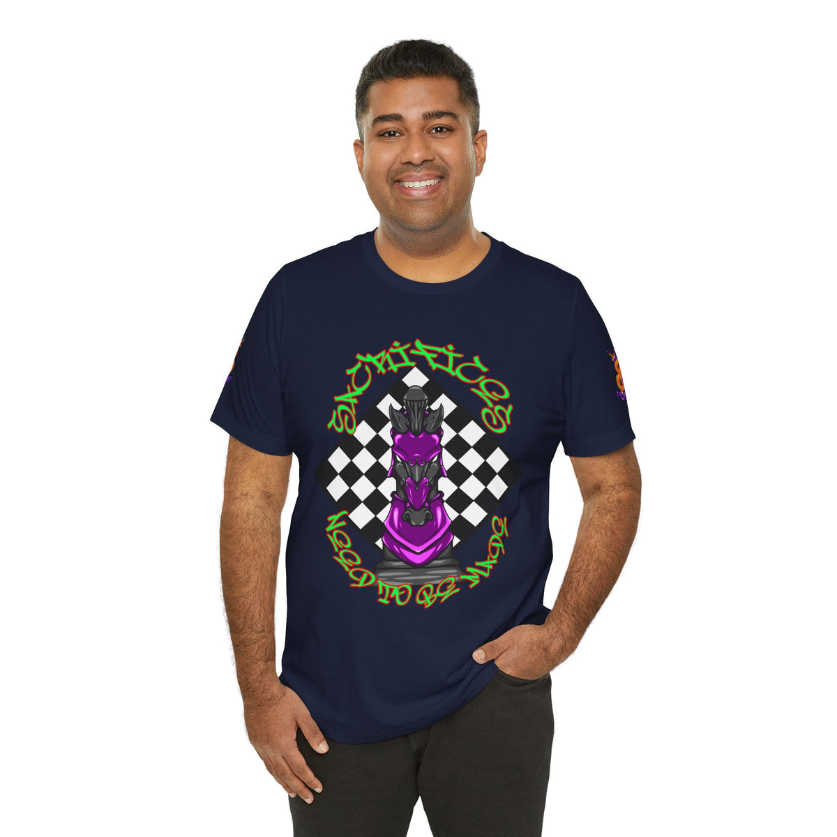 Chess Knight Graphic Tee — Purple Knight on Checkerboard