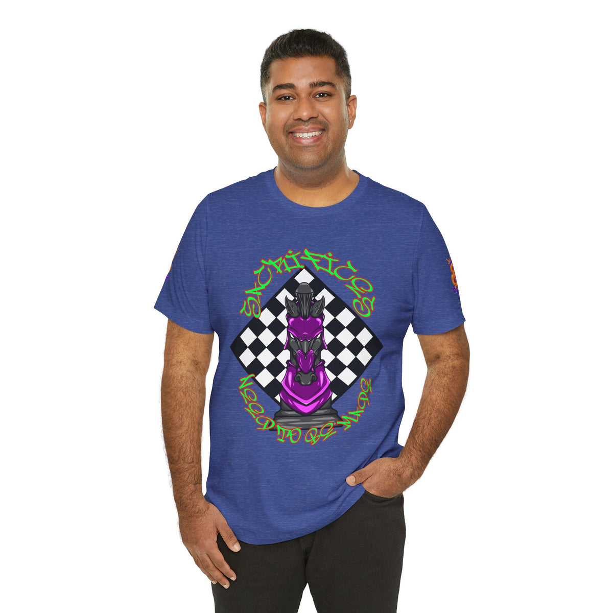Chess Knight Graphic Tee — Purple Knight on Checkerboard