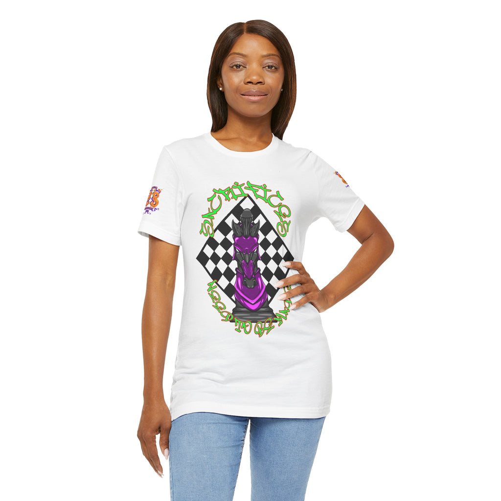 Chess Knight Graphic Tee — Purple Knight on Checkerboard