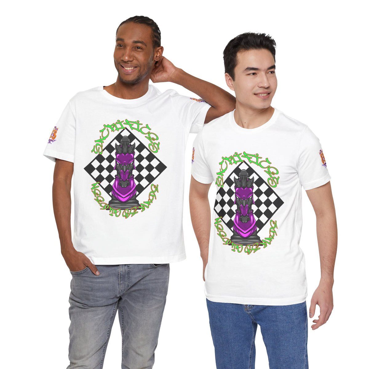 Chess Knight Graphic Tee — Purple Knight on Checkerboard
