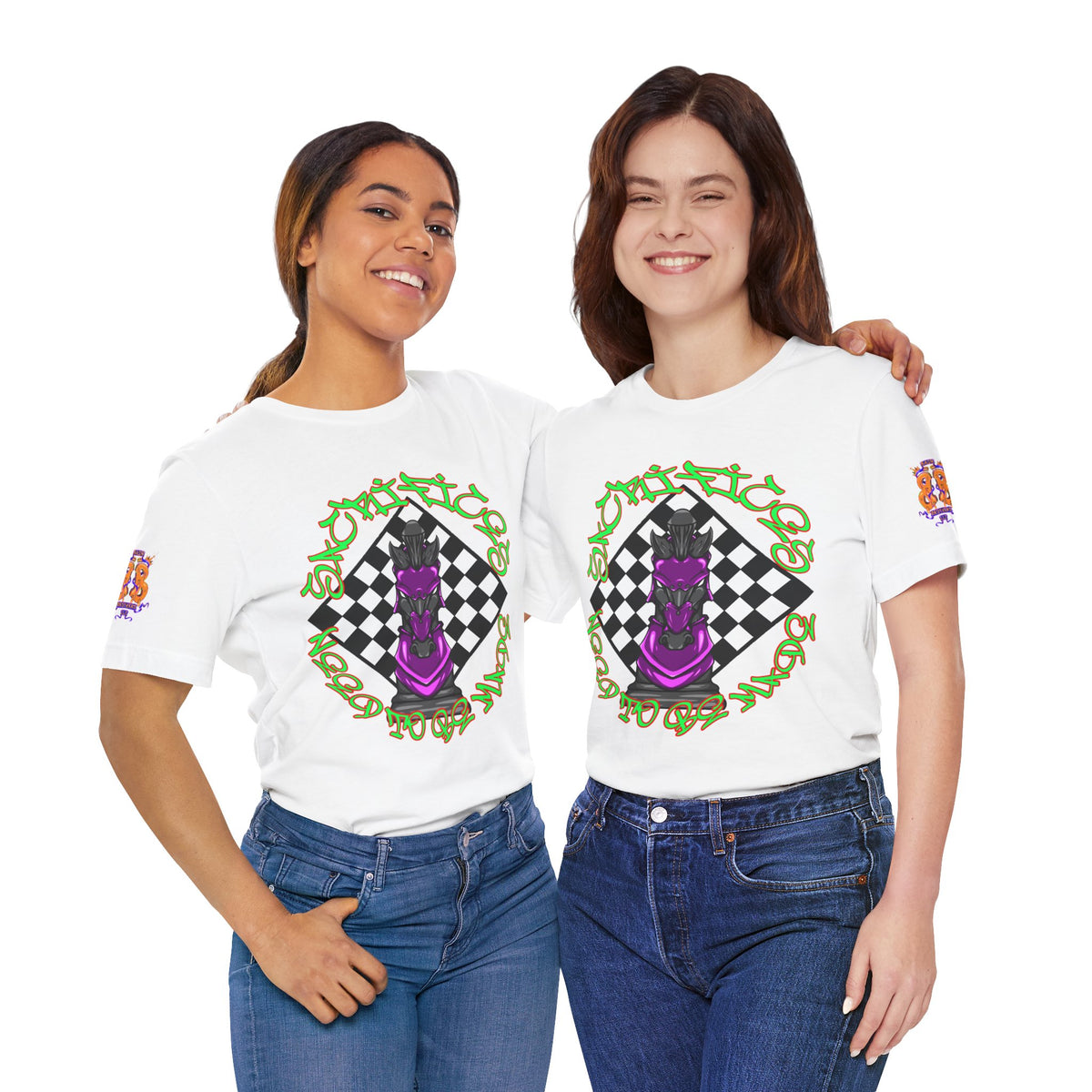 Chess Knight Streetwear Tee — Purple Knight on Checkerboard with Graffiti Script