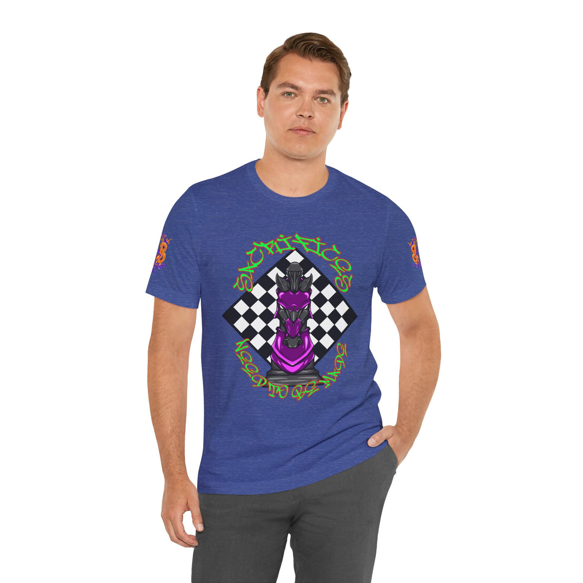 Chess Knight Graphic Tee — Purple Knight on Checkerboard