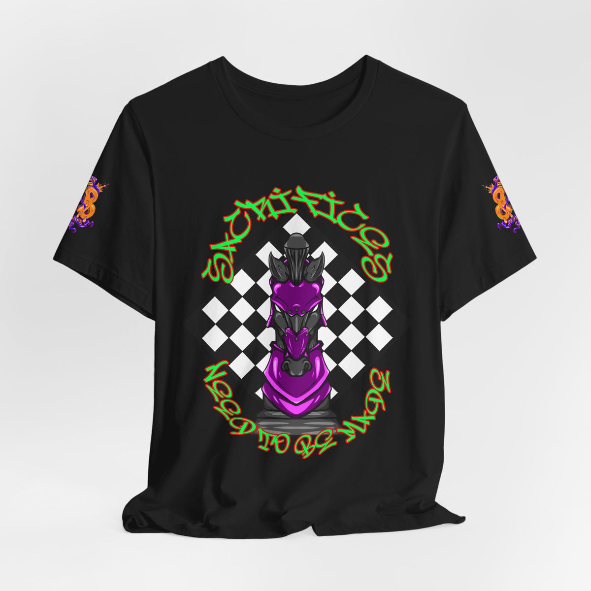 Chess Knight Graphic Tee — Purple Knight on Checkerboard