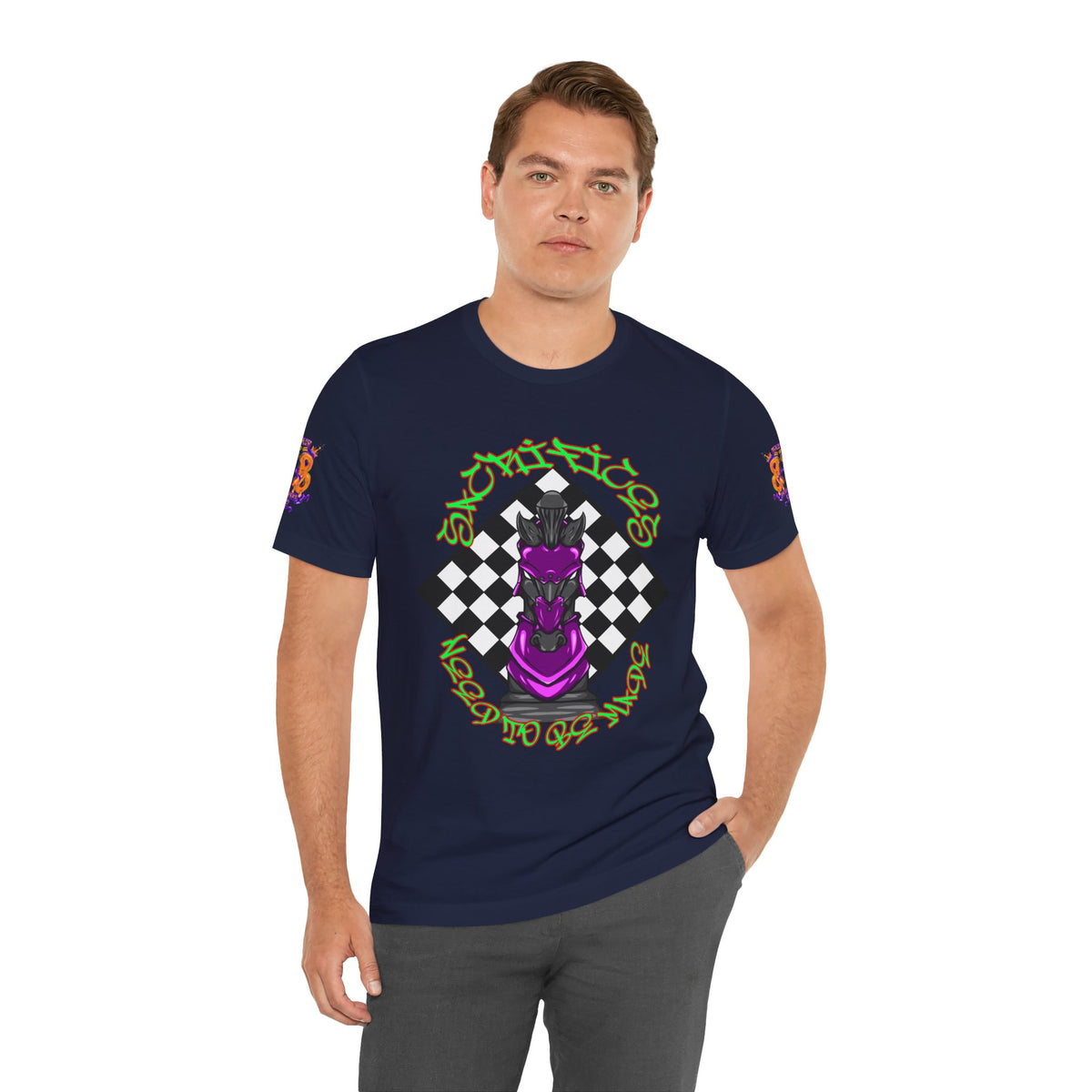 Chess Knight Graphic Tee — Purple Knight on Checkerboard
